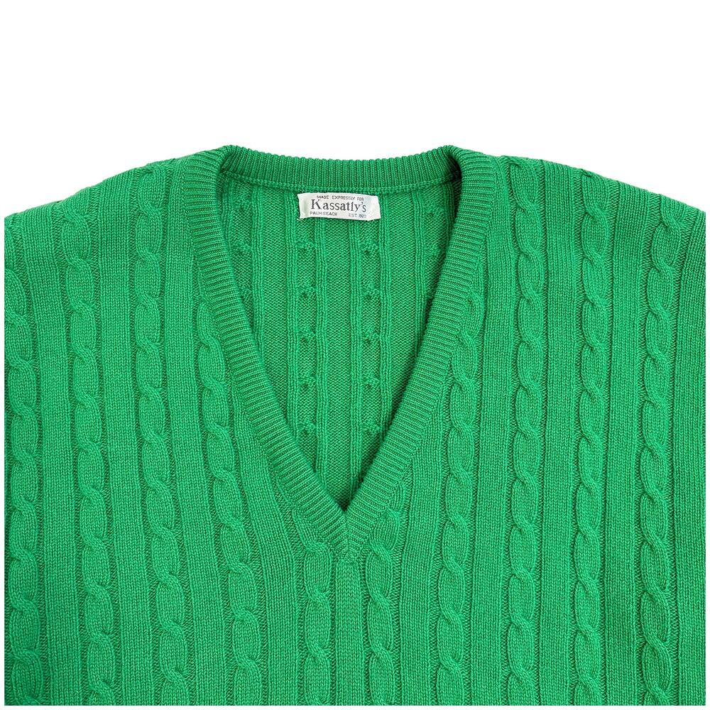 Kassatly 100% Scotland Cashmere Cable Knit Sweater Mens L Green V Neck
